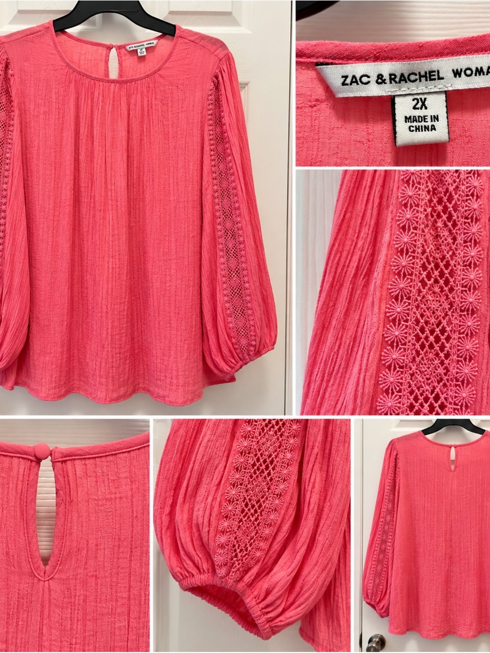 Zac & Rachel Woman 2X Coral Pink Lace Sleeve Blouse Boho Textured Top